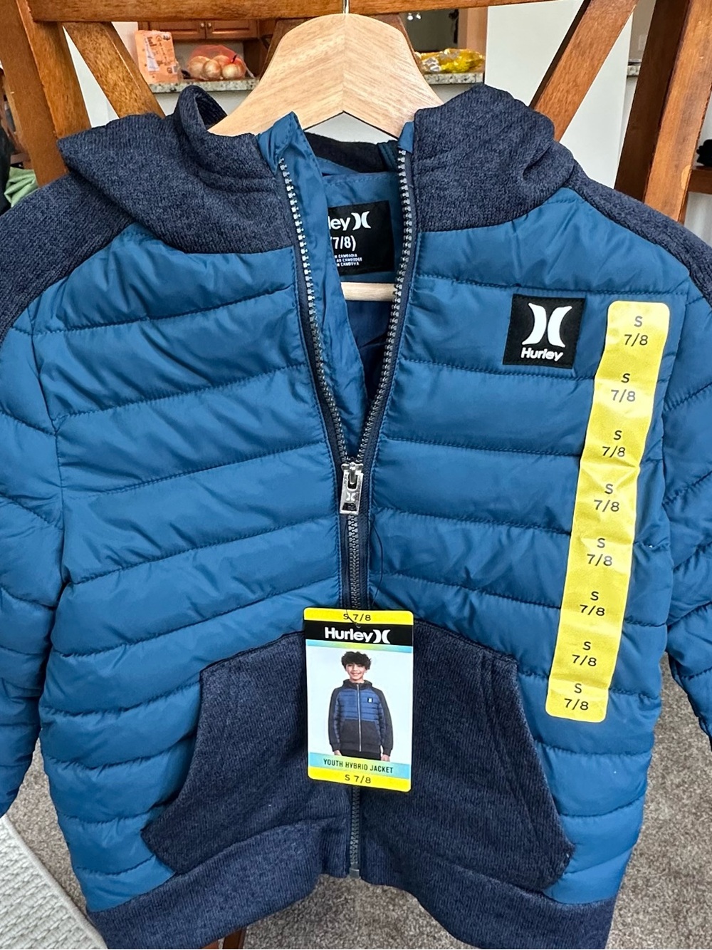 Hurley Boys Teal Blue Puffer Jacket with Knit Navy Hood